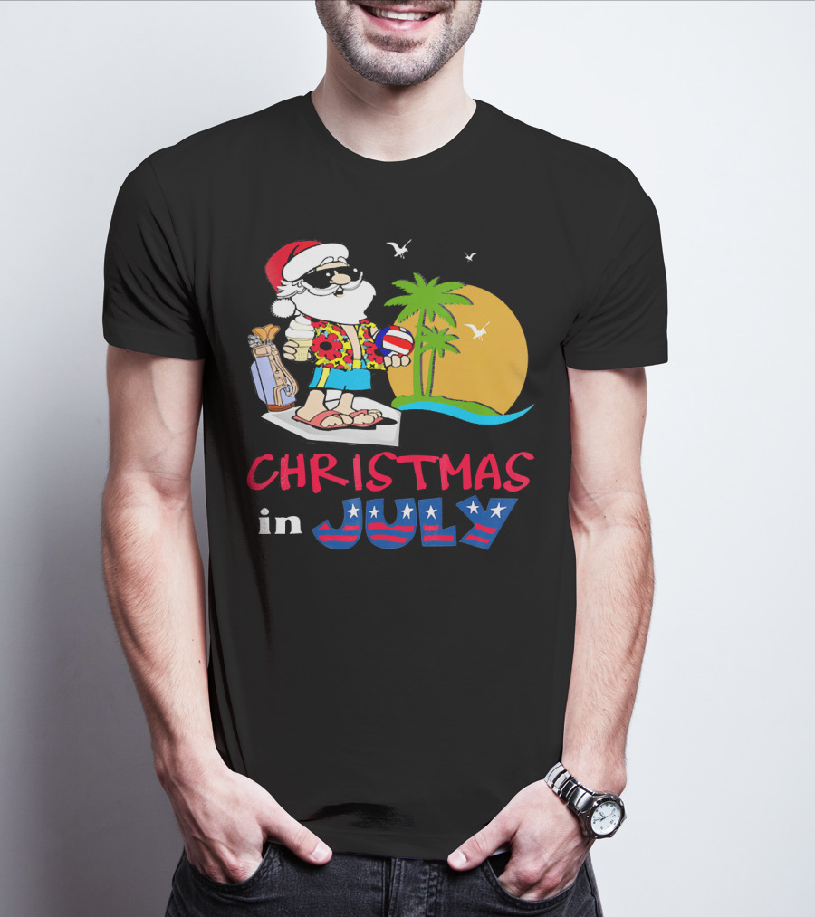 Christmas In July Funny Santa Summer Golf Sun And Palm Trees T-Shirt