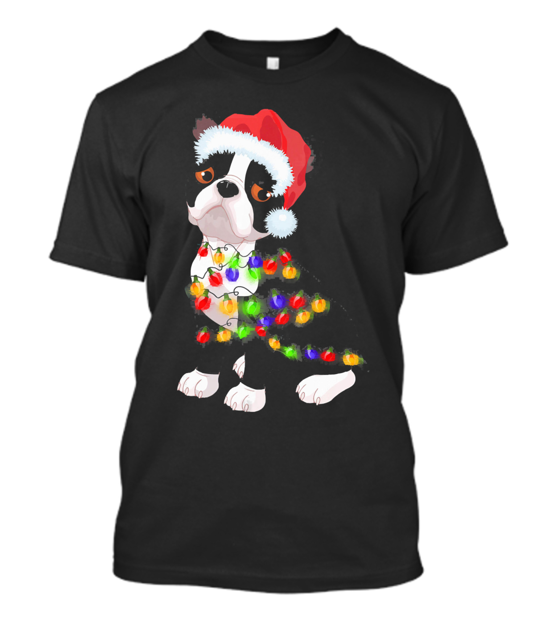 Boston Terrier Christmas Lights Santa Hat T-Shirt