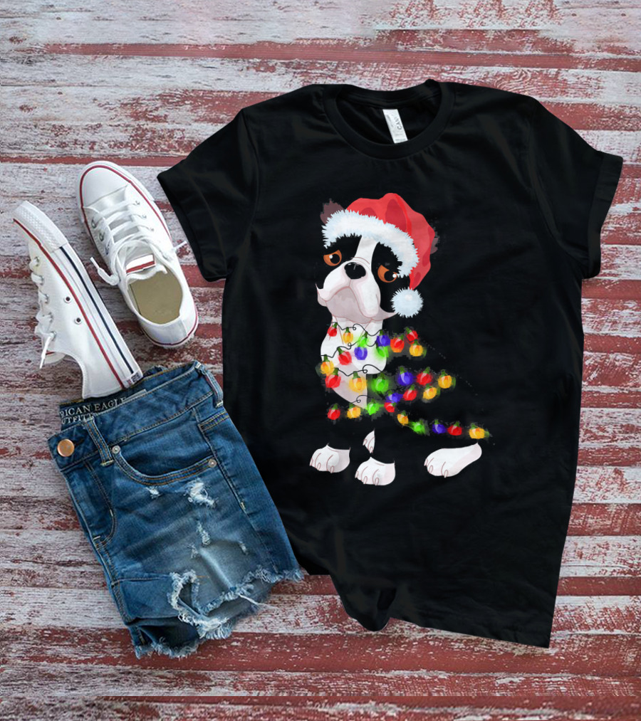 Boston Terrier Christmas Lights Santa Hat T-Shirt