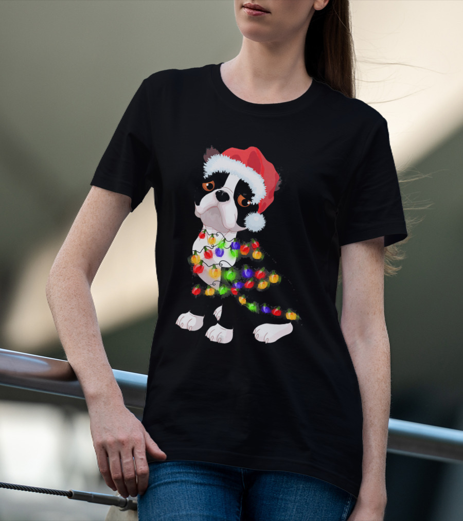 Boston Terrier Christmas Lights Santa Hat T-Shirt