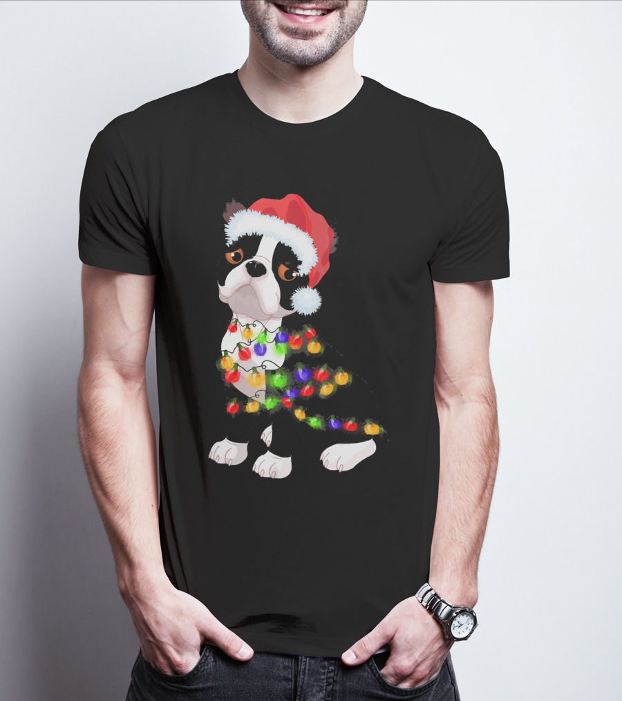 Boston Terrier Christmas Lights Santa Hat T-Shirt