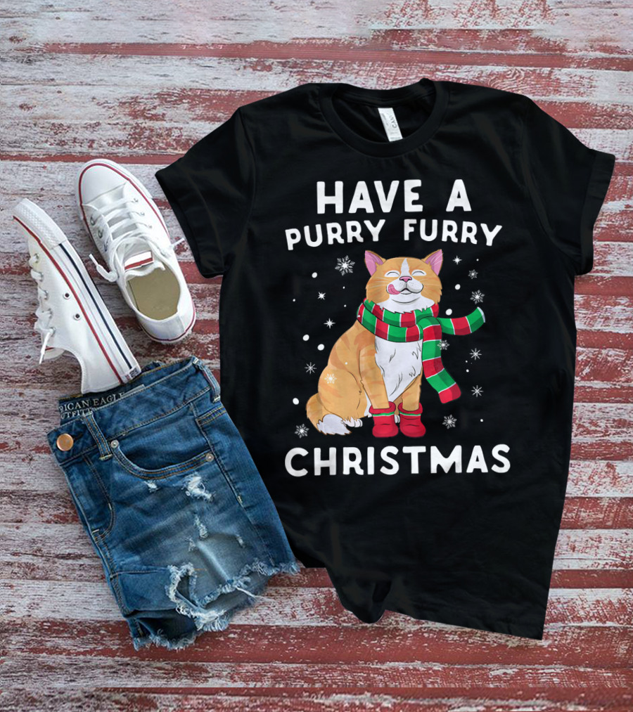 Have A Purry Furry Christmas Snowflakes And Cat With Scarf T-Shirt