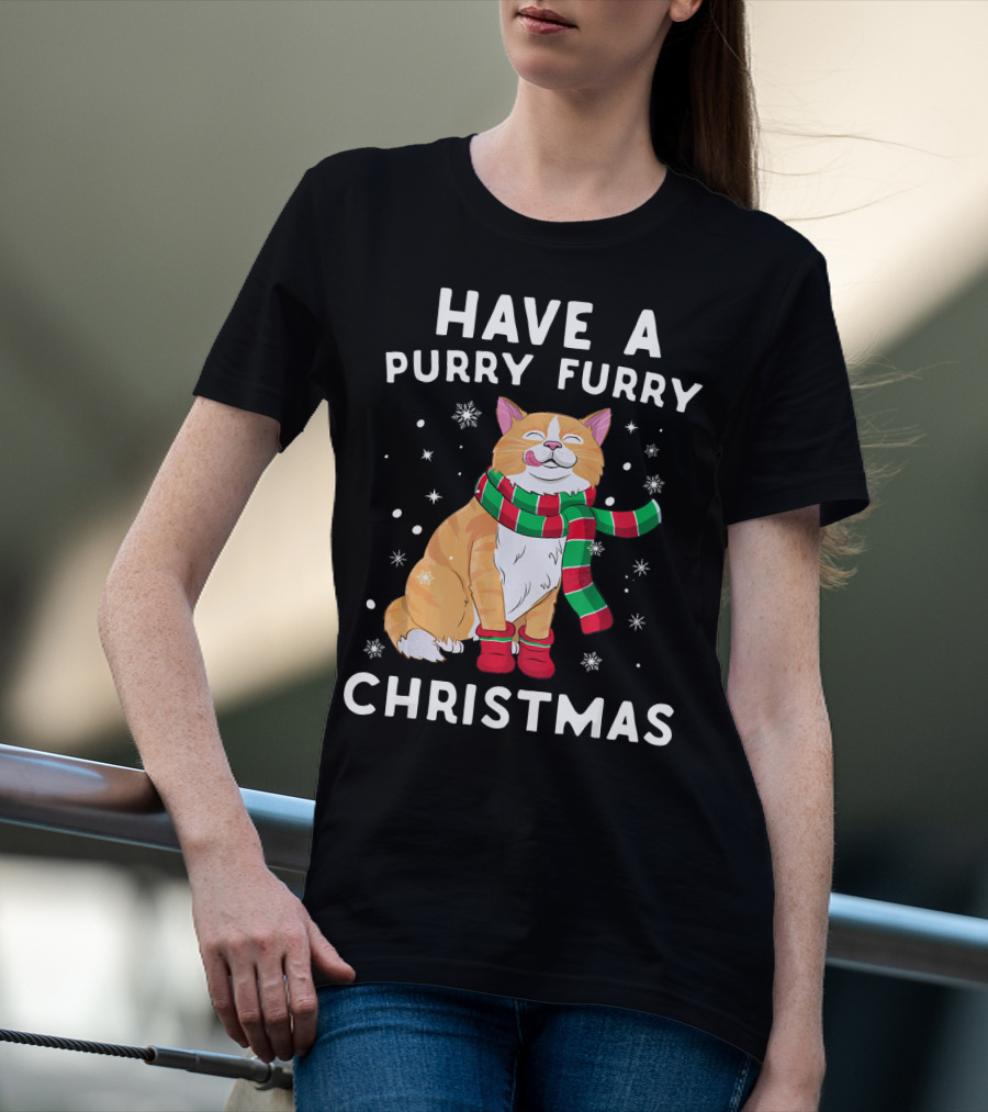 Have A Purry Furry Christmas Snowflakes And Cat With Scarf T-Shirt