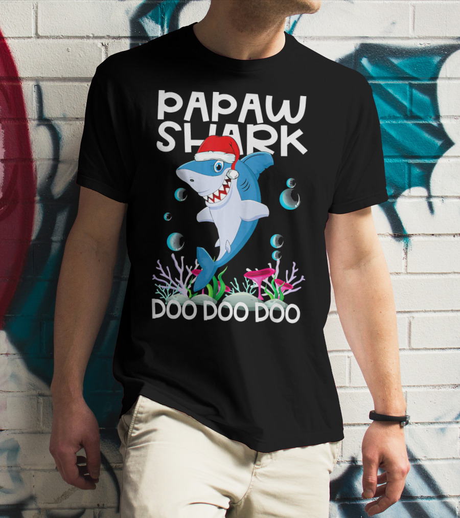 Papaw Shark Doo Doo Doo Santa Hat Coral Bubbles T-Shirt