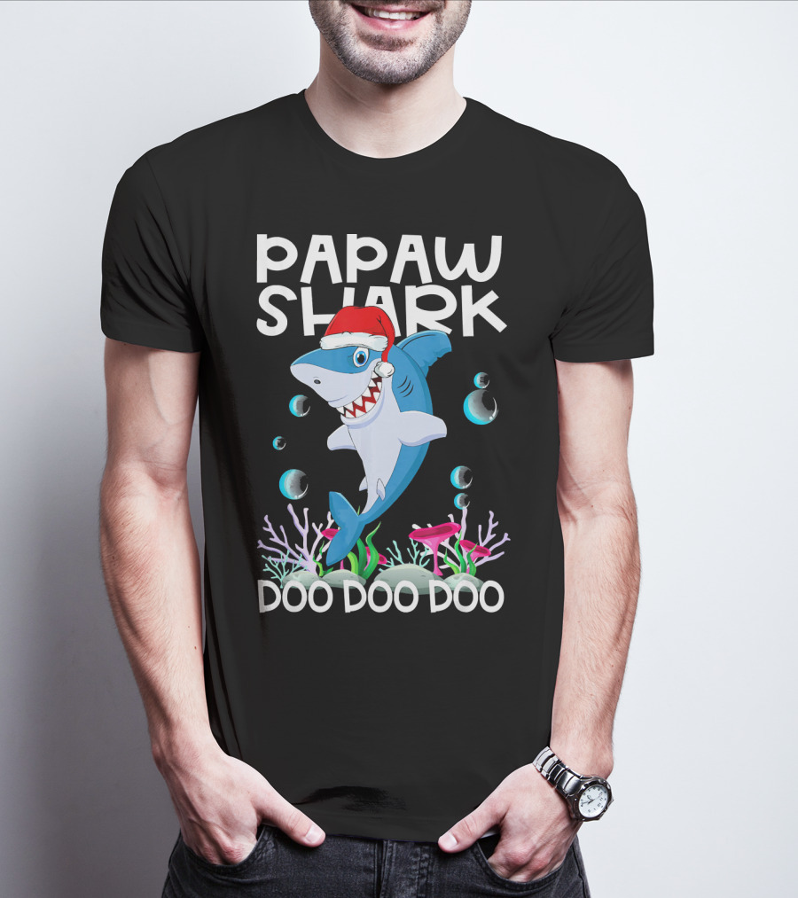 Papaw Shark Doo Doo Doo Santa Hat Coral Bubbles T-Shirt