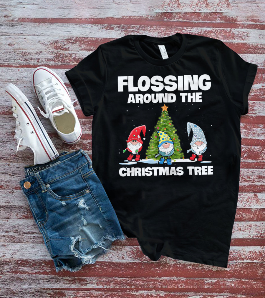 Flossing Around The Christmas Tree Gnomes And Lights Under Starry Sky T-Shirt