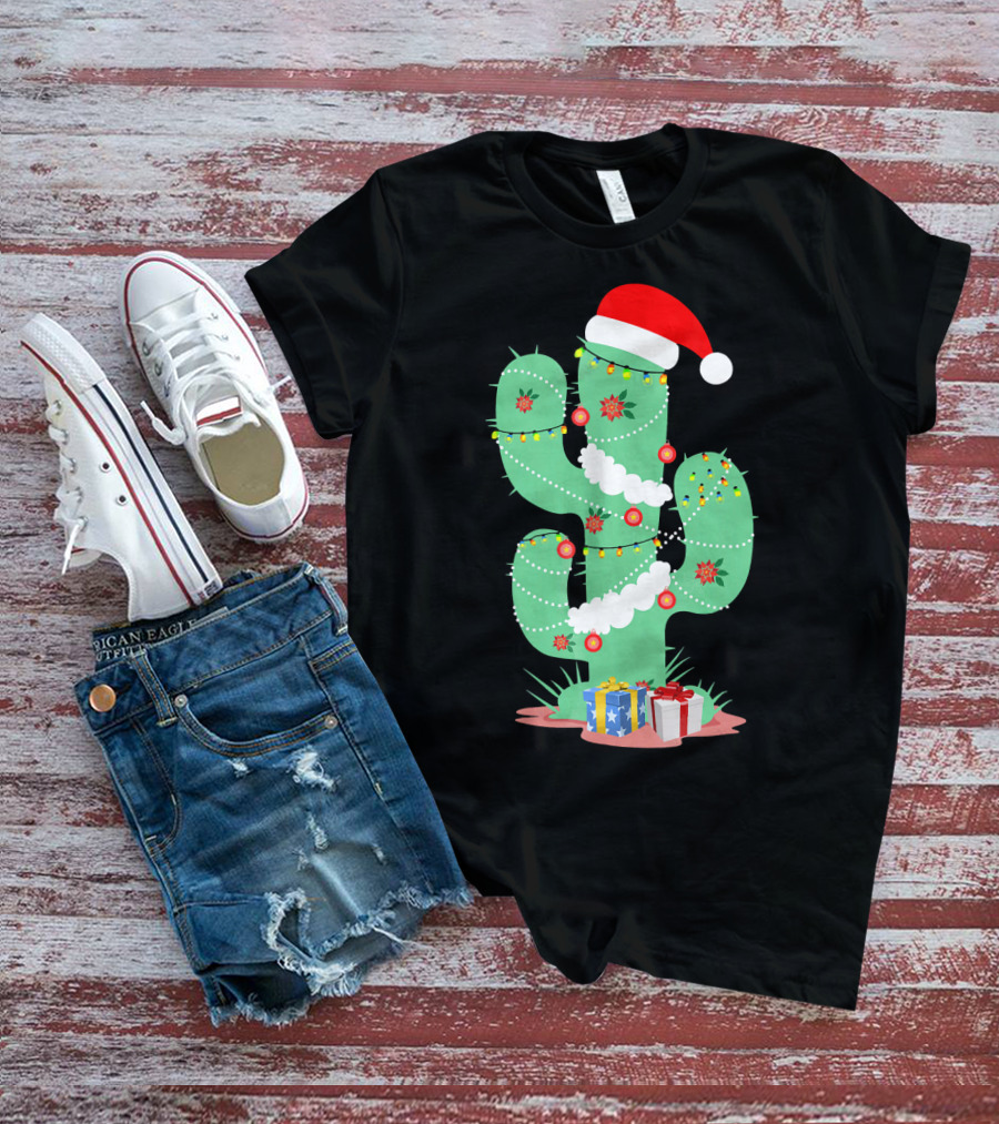 Funny Christmas Cactus With Santa Hat And Presents T-Shirt