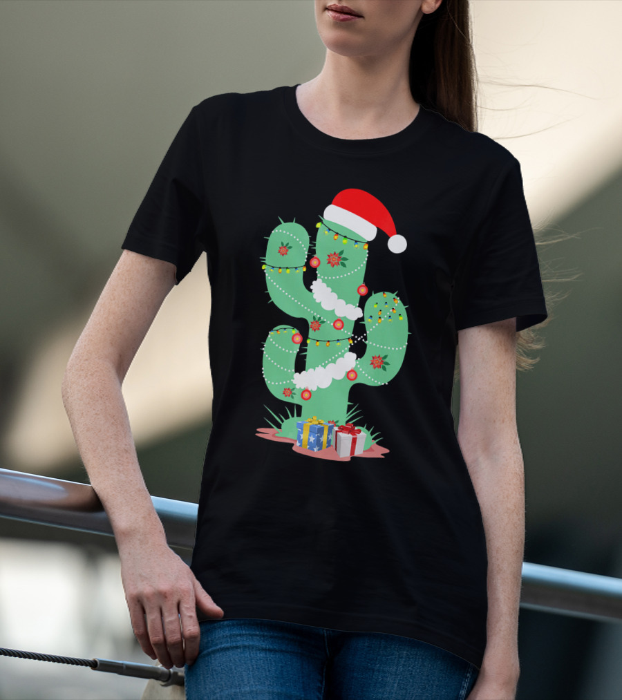 Funny Christmas Cactus With Santa Hat And Presents T-Shirt