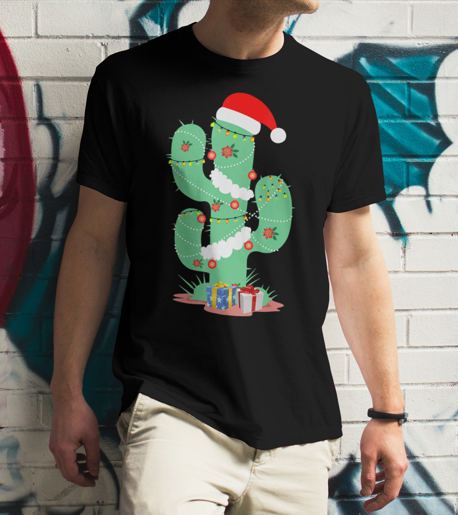 Funny Christmas Cactus With Santa Hat And Presents T-Shirt