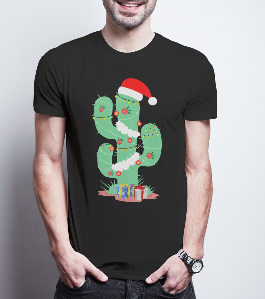 Funny Christmas Cactus With Santa Hat And Presents T-Shirt