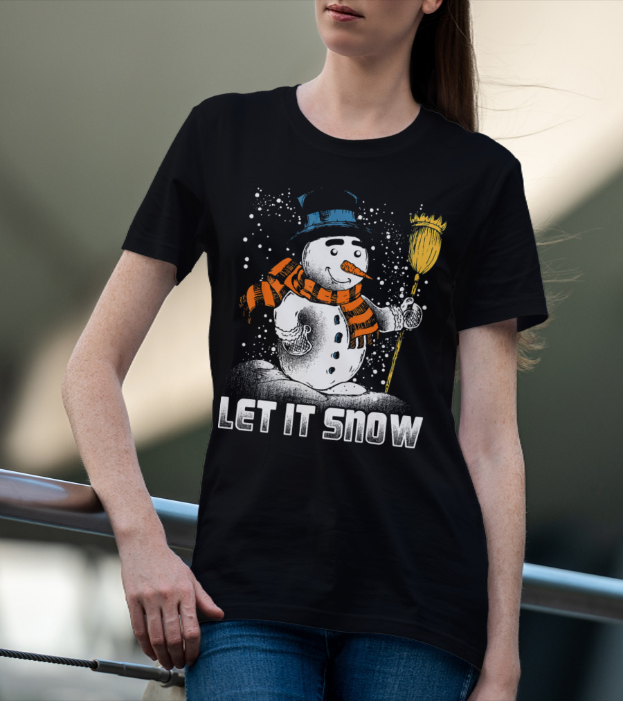 Let It Snow Snowman With Orange Scarf And Broom T-Shirt