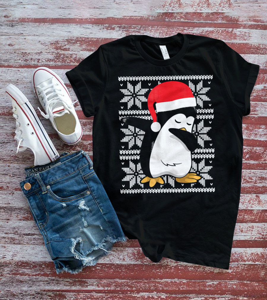 Ugly Christmas Dabbing Penguin Santa Hat Snowflake T-Shirt