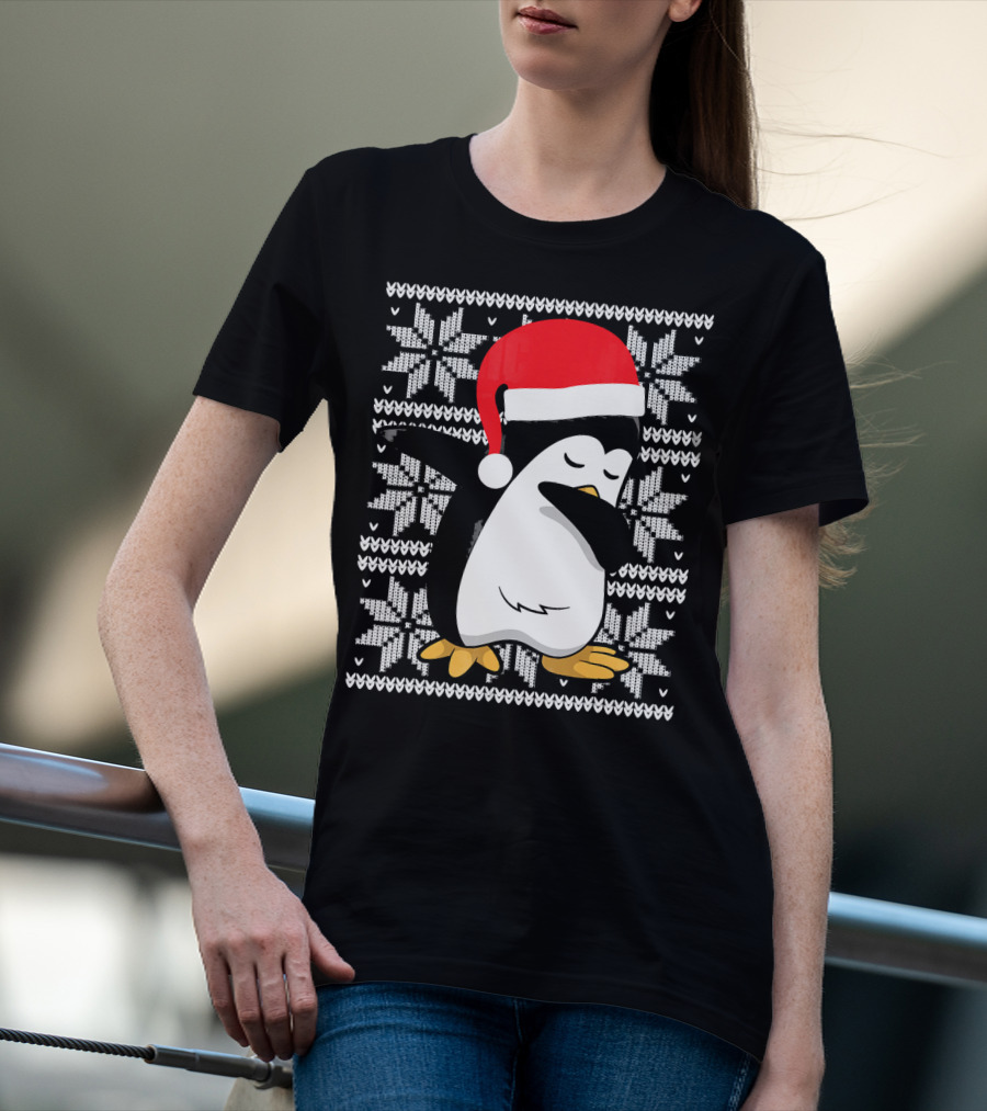 Ugly Christmas Dabbing Penguin Santa Hat Snowflake T-Shirt