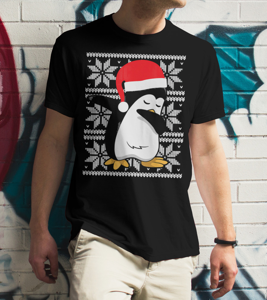 Ugly Christmas Dabbing Penguin Santa Hat Snowflake T-Shirt