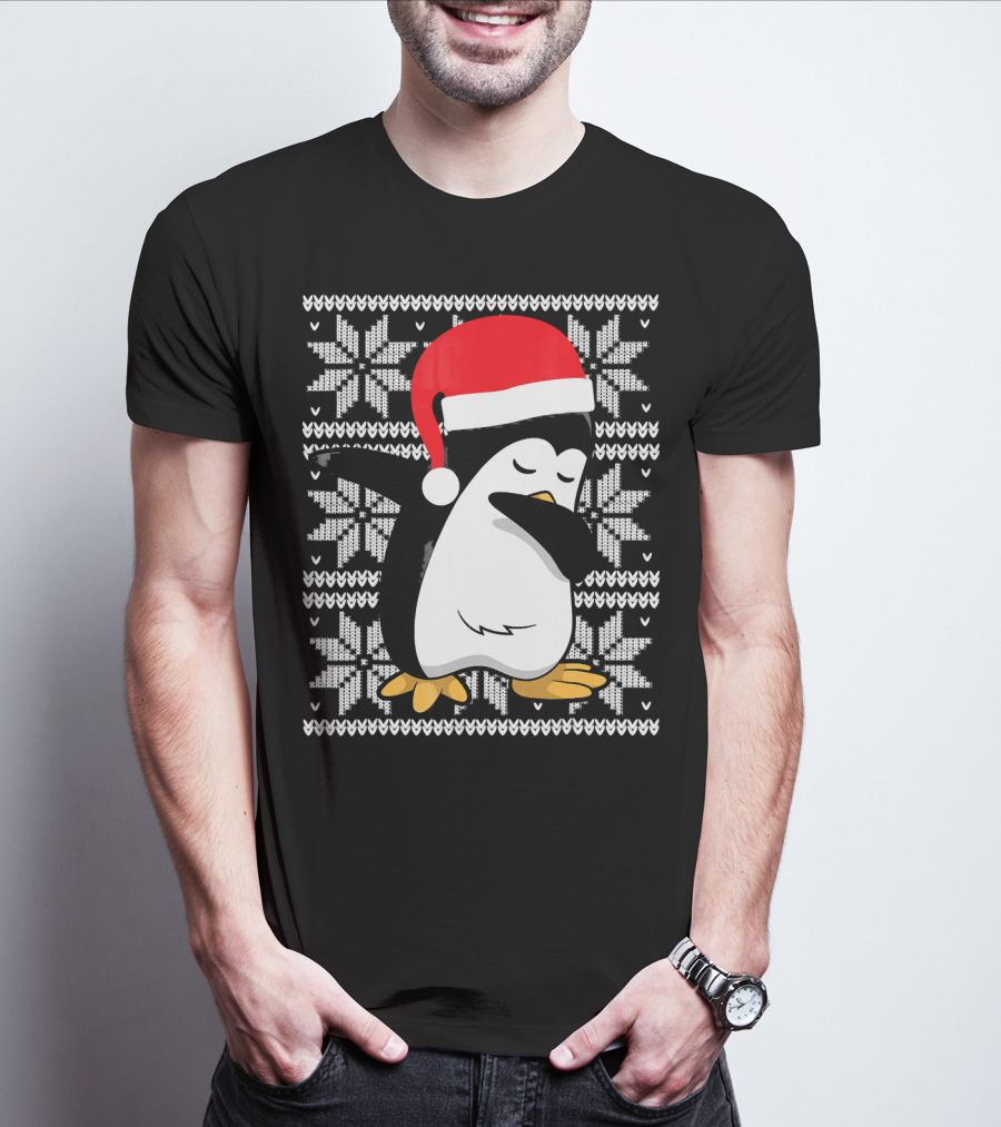 Ugly Christmas Dabbing Penguin Santa Hat Snowflake T-Shirt