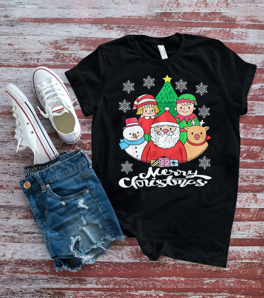 Merry Christmas Santa Claus Elf Snowman Reindeer Tree T-Shirt