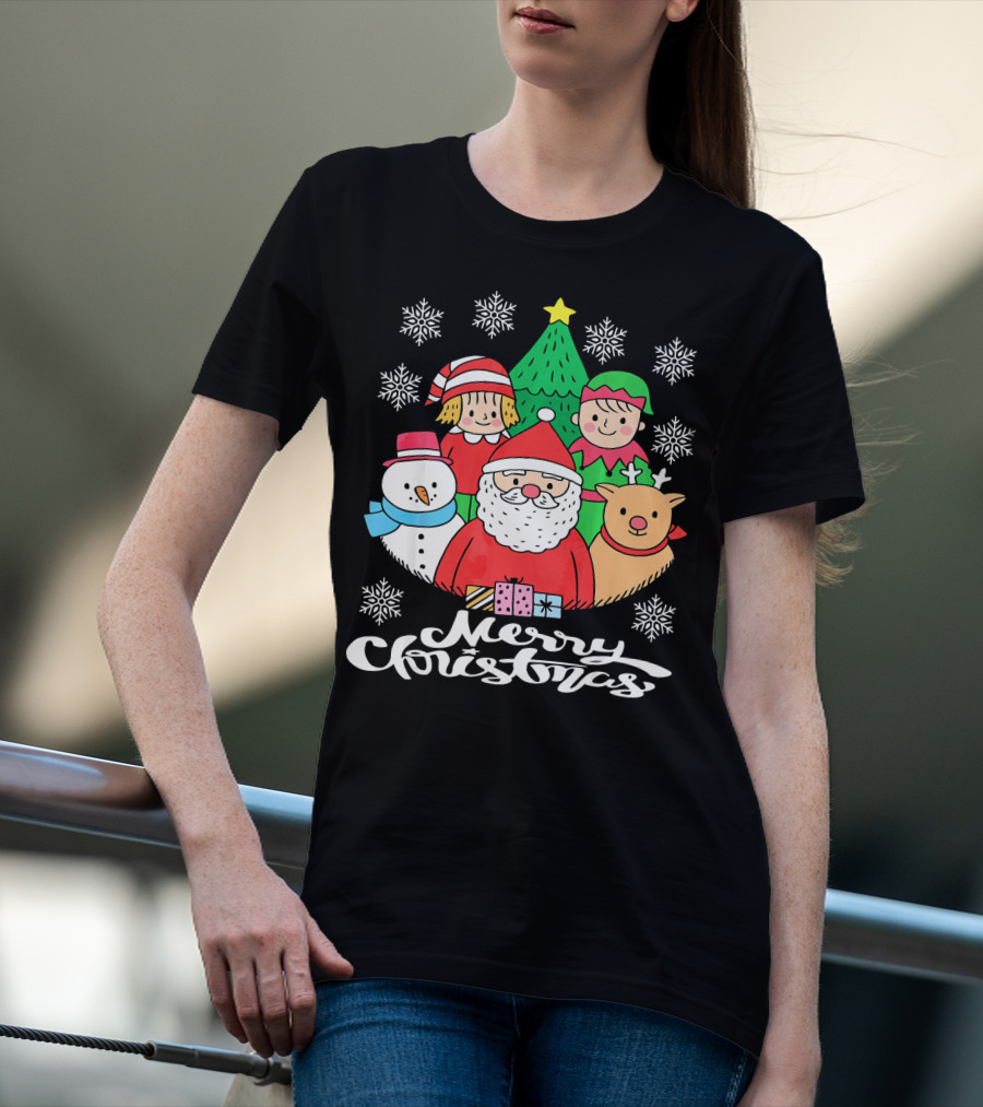 Merry Christmas Santa Claus Elf Snowman Reindeer Tree T-Shirt