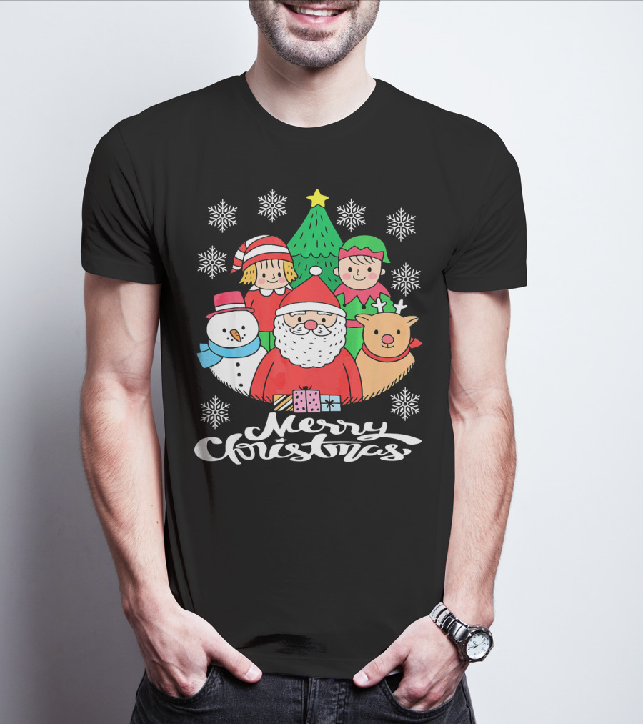 Merry Christmas Santa Claus Elf Snowman Reindeer Tree T-Shirt