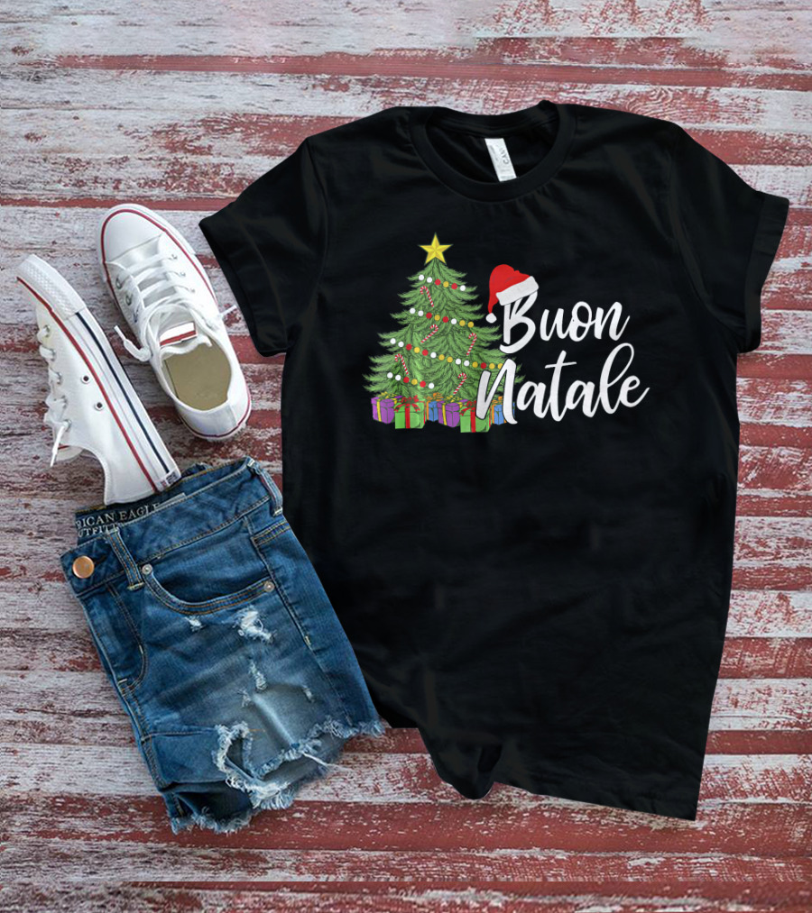 Buon Natale Italian Christmas Tree Santa Hat Tanti Auguri Regalo T-Shirt
