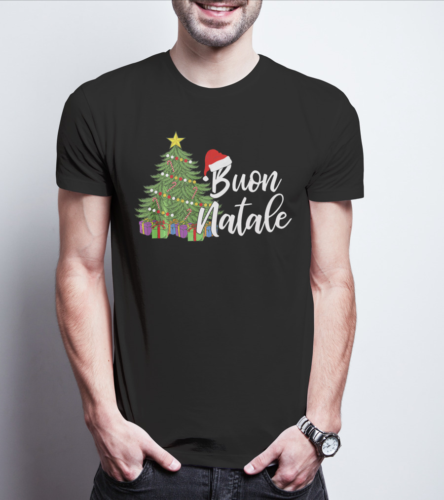 Buon Natale Italian Christmas Tree Santa Hat Tanti Auguri Regalo T-Shirt