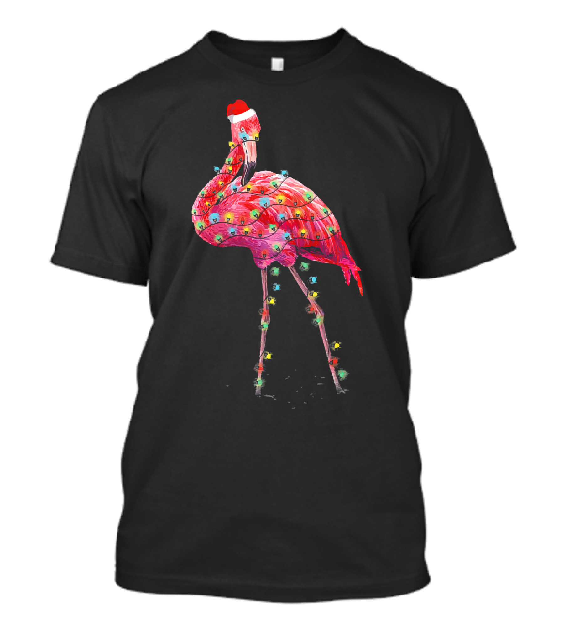 Cute Pink Flamingo Christmas Lights Santa Hat T-Shirt