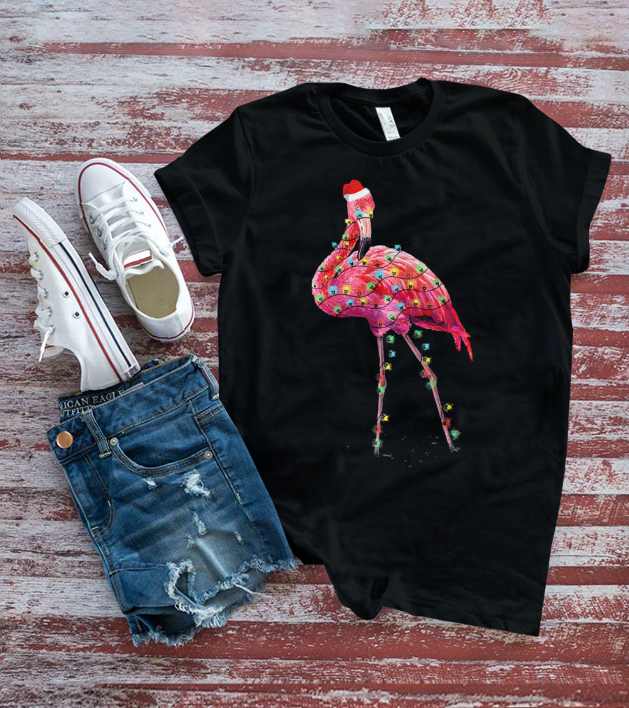 Cute Pink Flamingo Christmas Lights Santa Hat T-Shirt