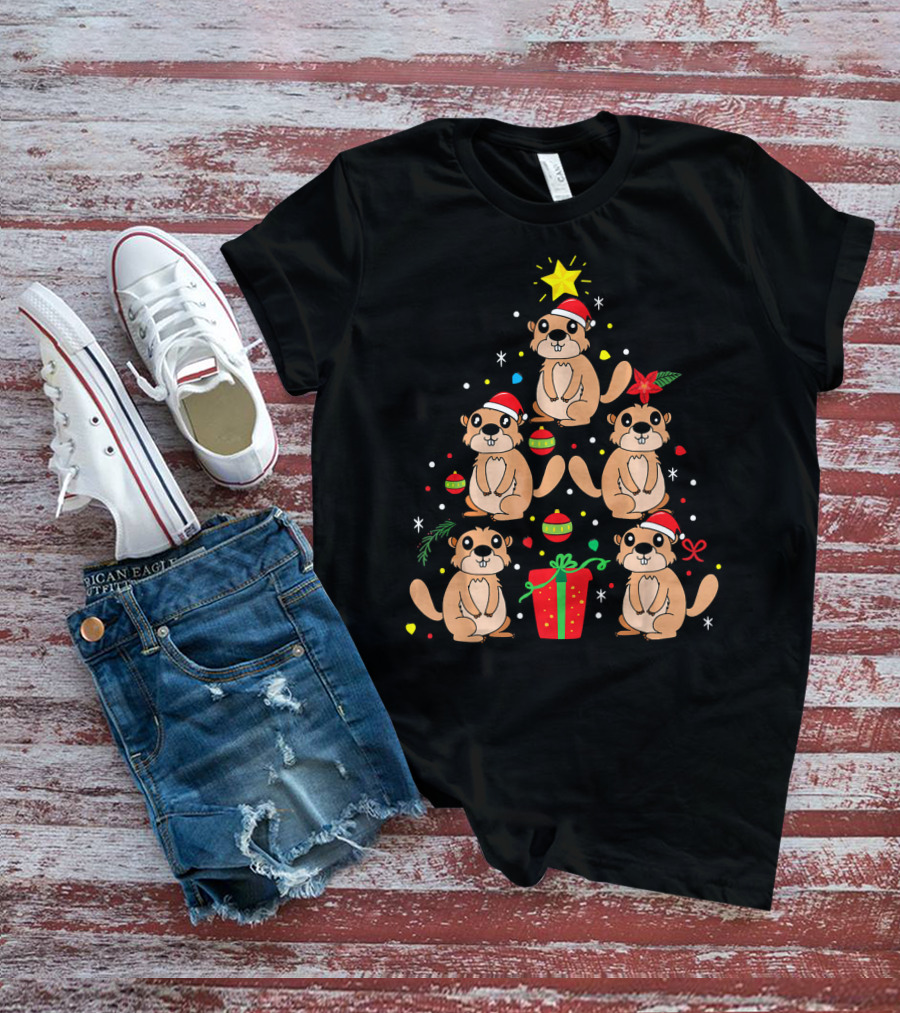 Groundhog Christmas Ornament Tree With Santa Hats And Gift T-Shirt