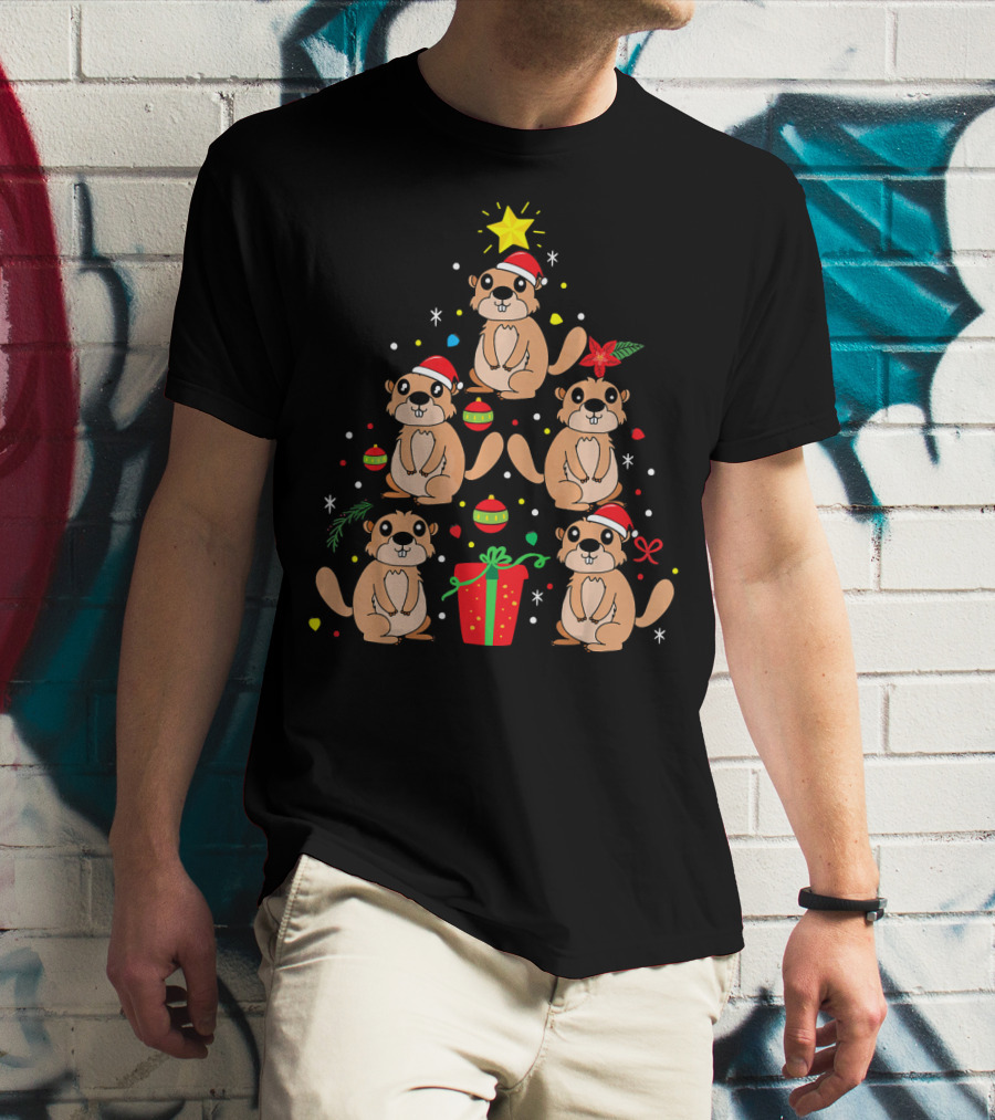 Groundhog Christmas Ornament Tree With Santa Hats And Gift T-Shirt