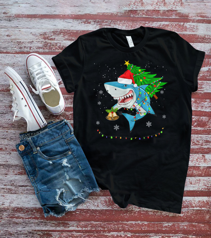 Shark Christmas Tree Santa Hat Holiday Lights Snowflakes T-Shirt