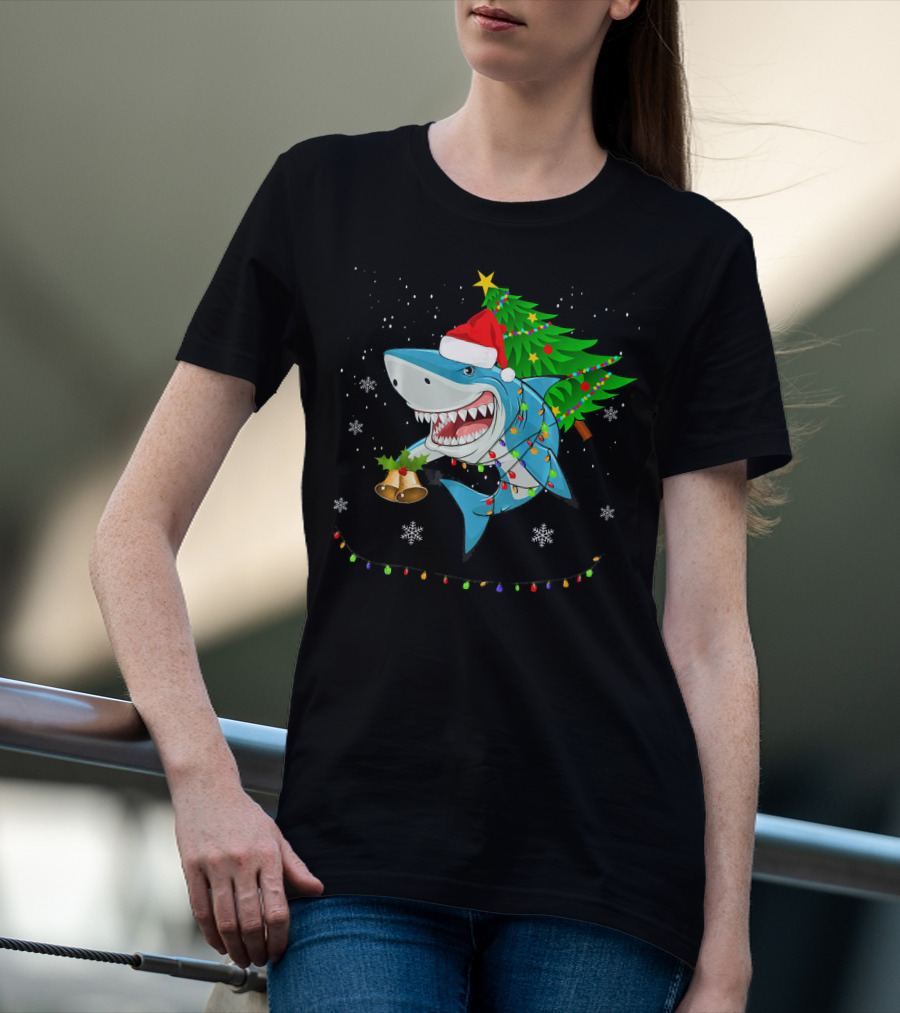 Shark Christmas Tree Santa Hat Holiday Lights Snowflakes T-Shirt