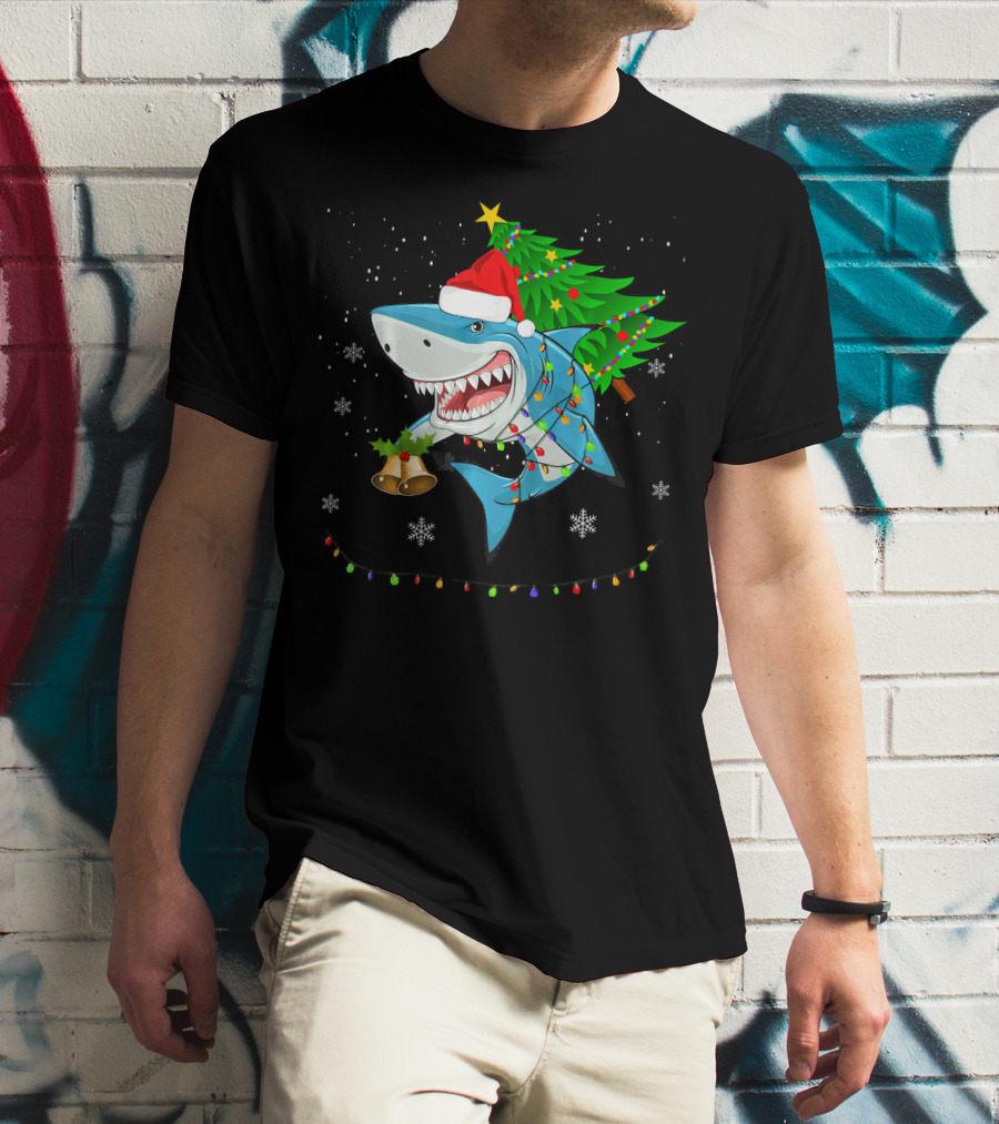Shark Christmas Tree Santa Hat Holiday Lights Snowflakes T-Shirt
