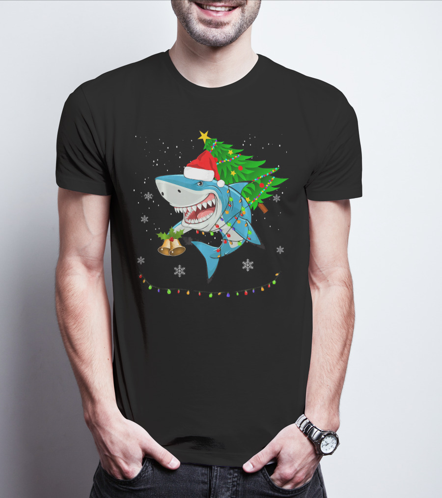 Shark Christmas Tree Santa Hat Holiday Lights Snowflakes T-Shirt