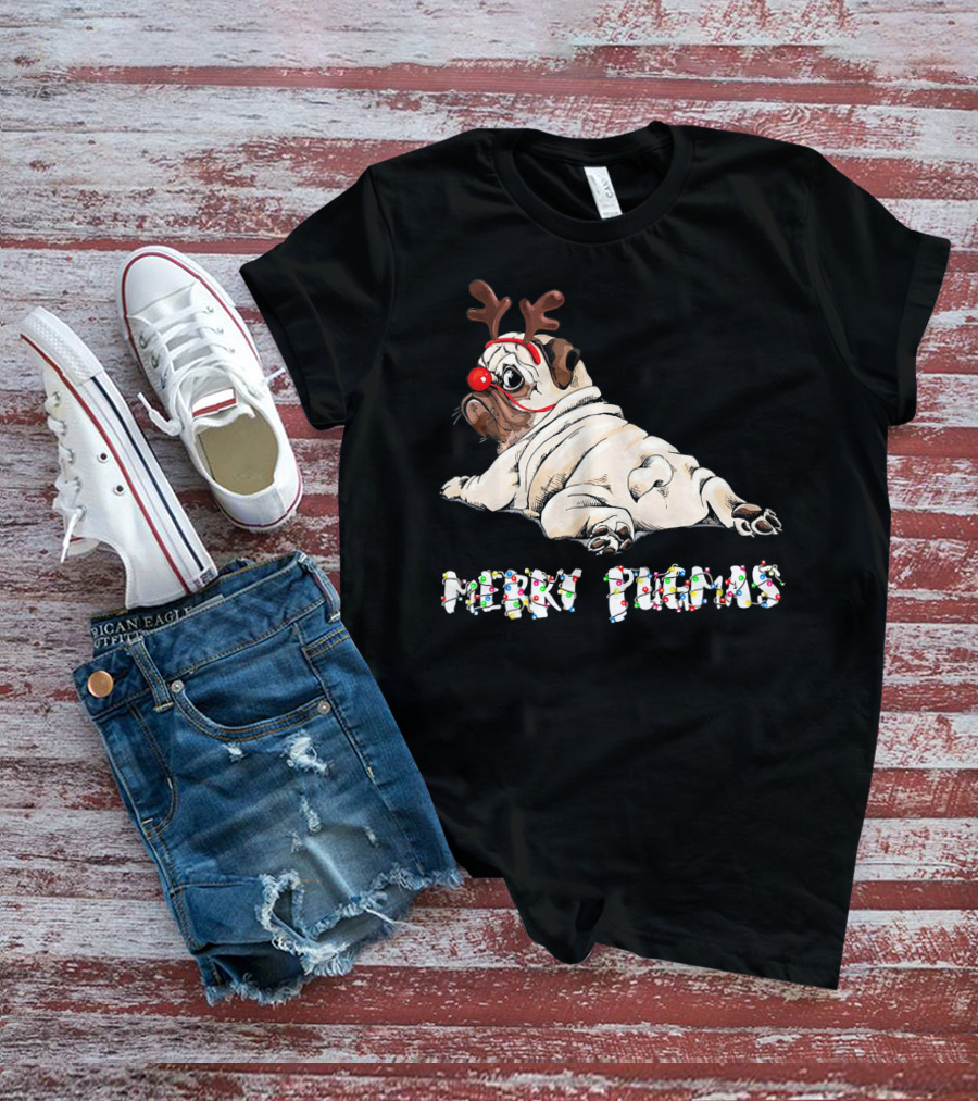 Merry Pugmas Christmas Reindeer Pug With Festive Lights For Dog Love T-Shirt