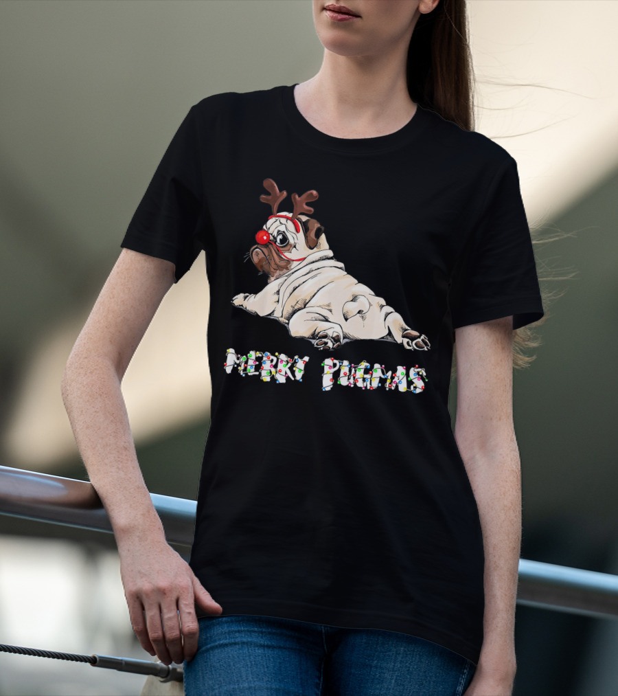 Merry Pugmas Christmas Reindeer Pug With Festive Lights For Dog Love T-Shirt