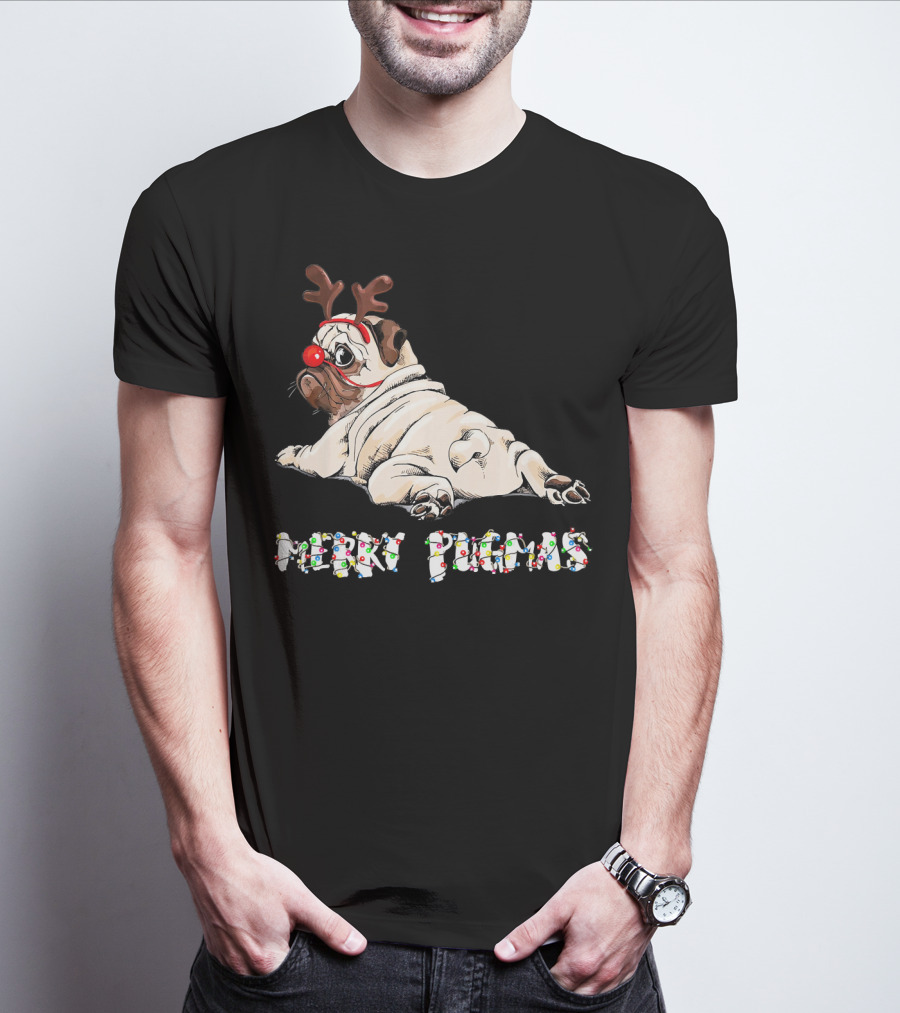 Merry Pugmas Christmas Reindeer Pug With Festive Lights For Dog Love T-Shirt