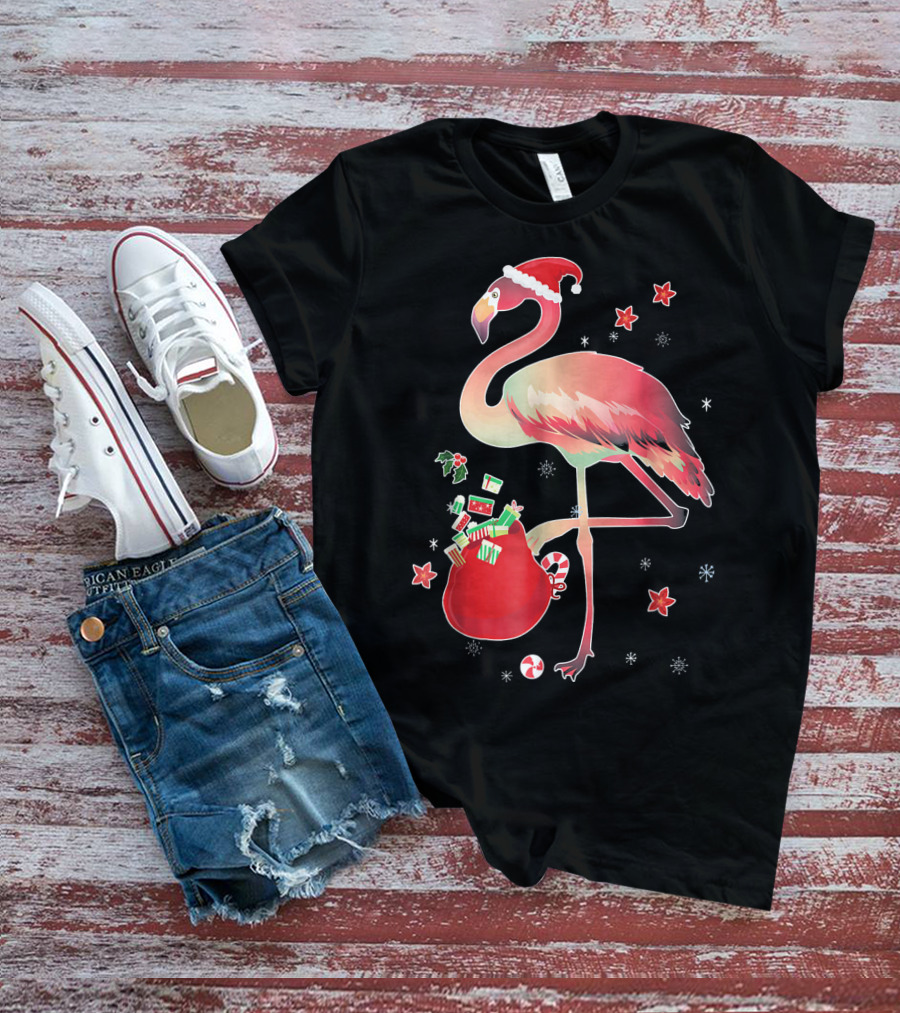 Ugly Christmas Funny Pink Flamingo With Santa Hat And Holiday Gift Bag T-Shirt