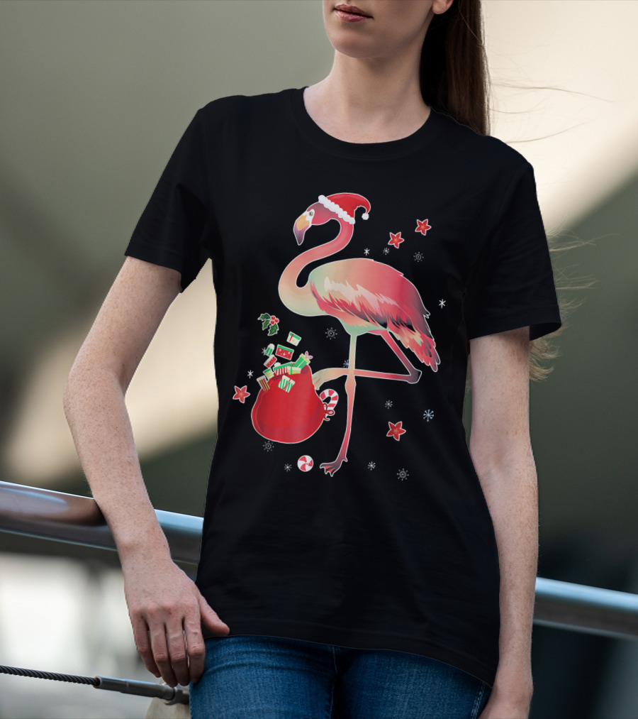 Ugly Christmas Funny Pink Flamingo With Santa Hat And Holiday Gift Bag T-Shirt
