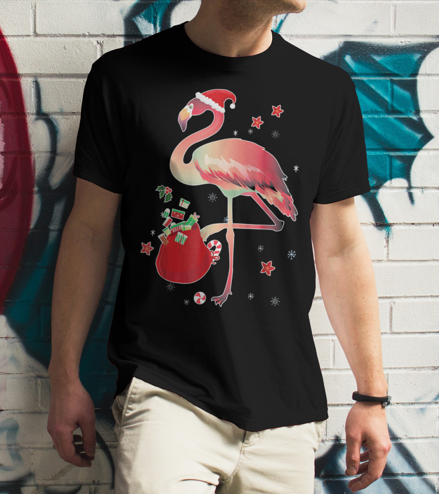 Ugly Christmas Funny Pink Flamingo With Santa Hat And Holiday Gift Bag T-Shirt