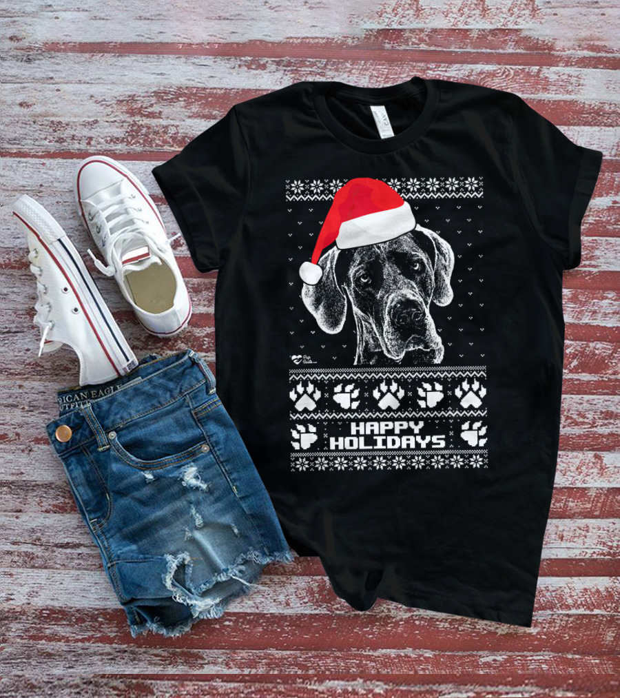 Great Dane Happy Holidays Santa Hat Paw Prints T-Shirt