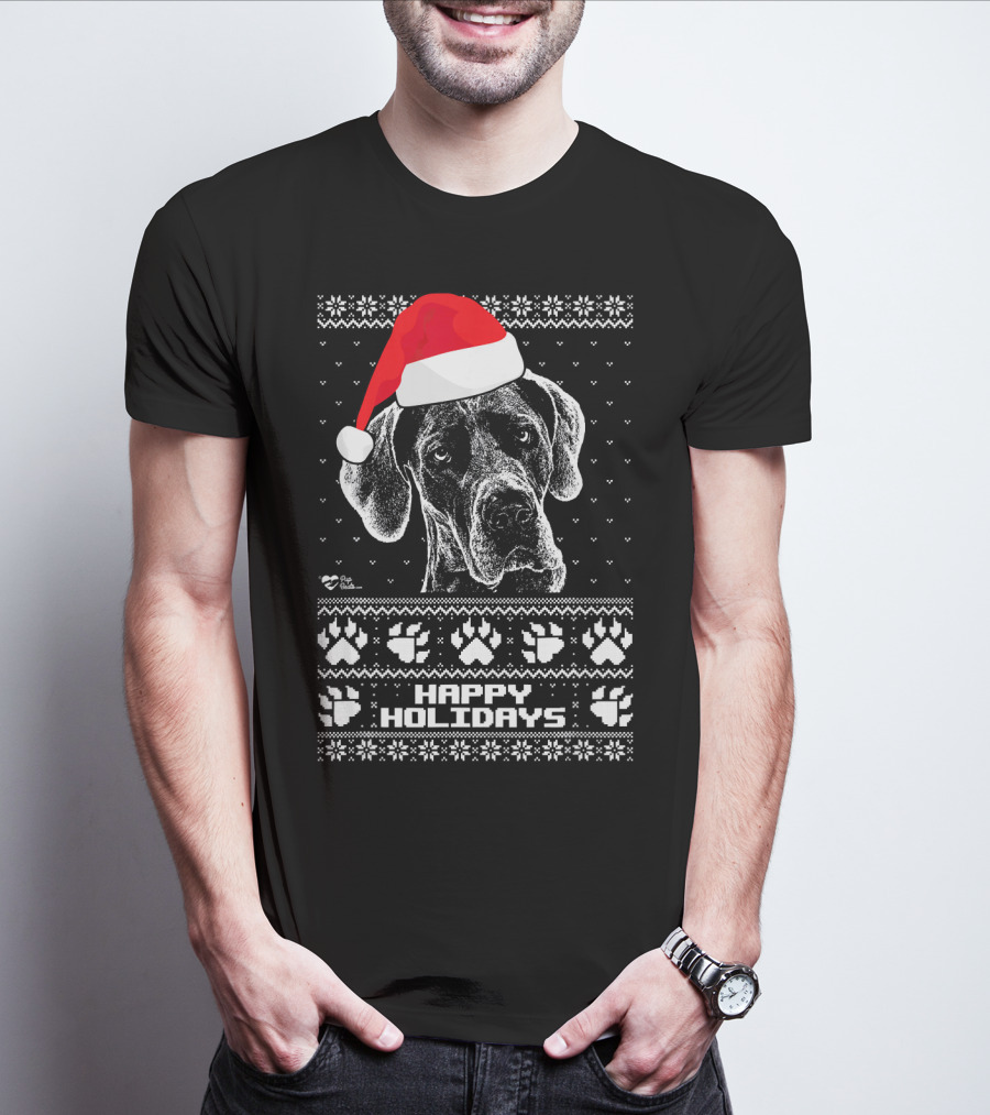 Great Dane Happy Holidays Santa Hat Paw Prints T-Shirt