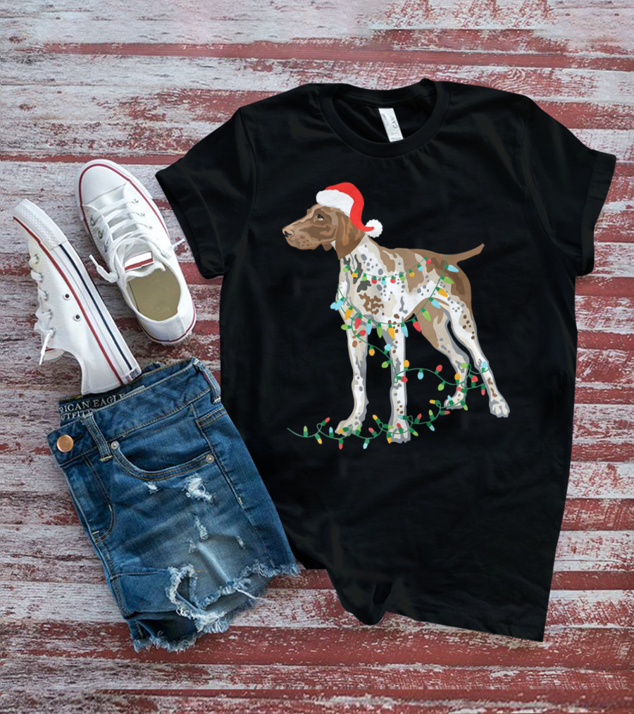 German Shorthaired Pointer Wearing Santa Hat With Christmas Lights Entwined T-Shirt