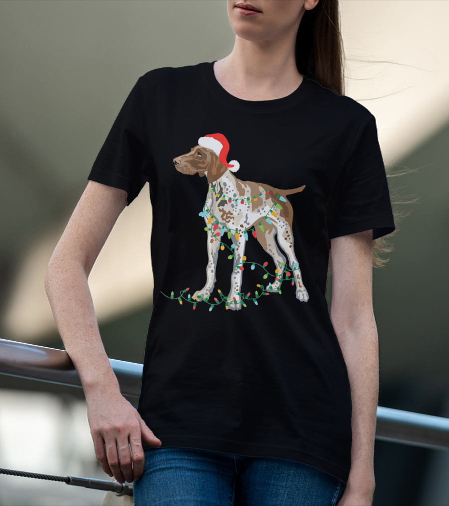 German Shorthaired Pointer Wearing Santa Hat With Christmas Lights Entwined T-Shirt