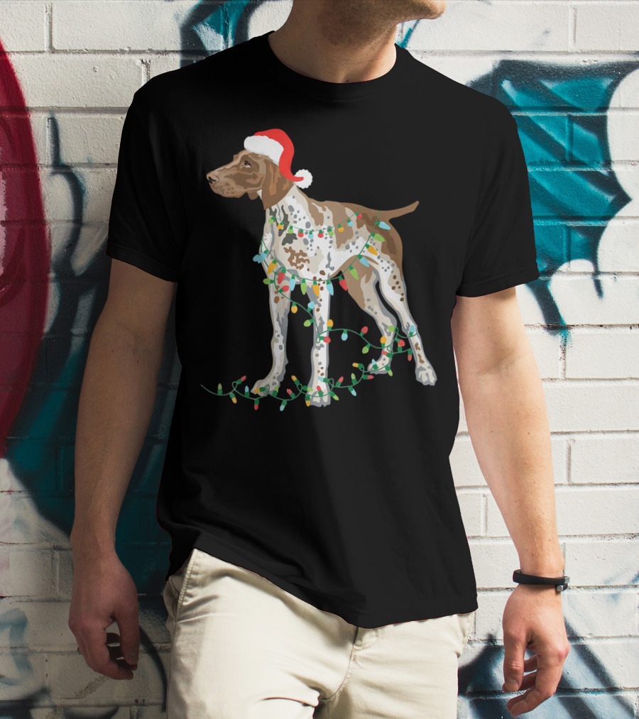 German Shorthaired Pointer Wearing Santa Hat With Christmas Lights Entwined T-Shirt