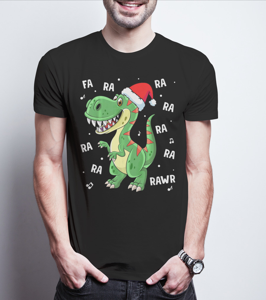 Fa Ra Ra Ra Rawr Dinosaur Rex In Santa Hat Singing Holiday Tune T-Shirt