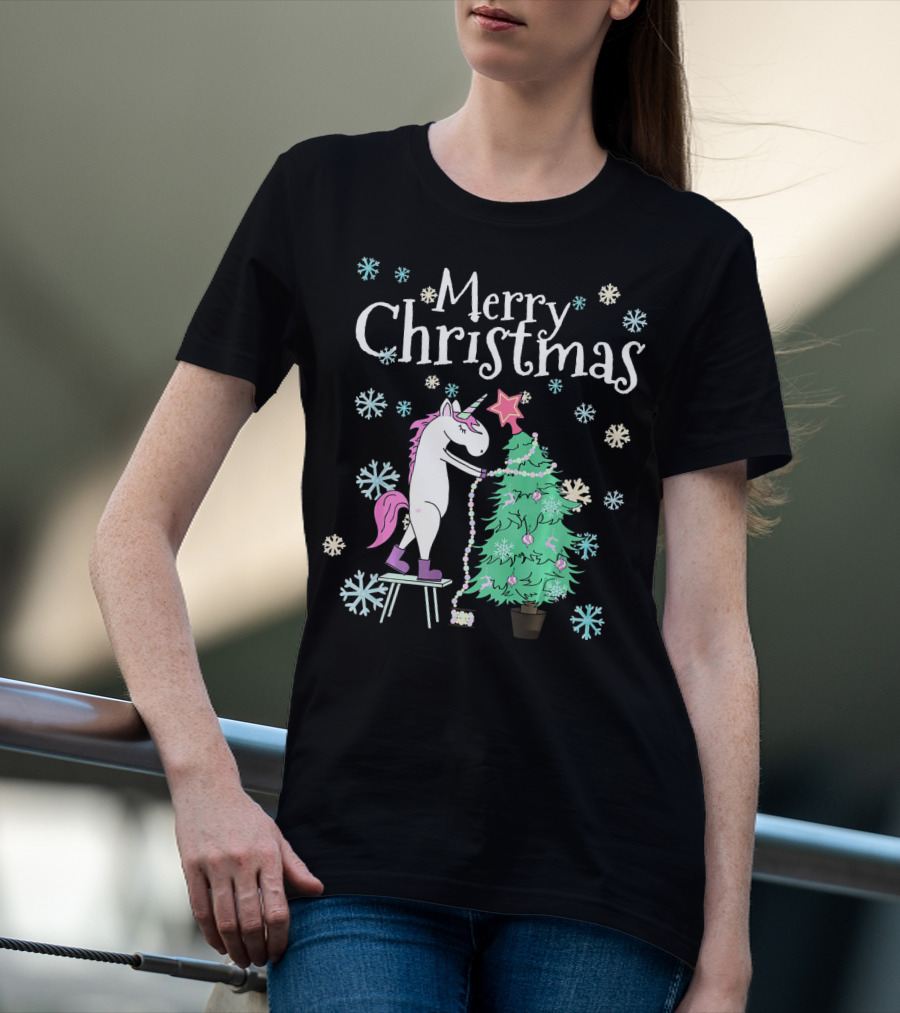 Merry Christmas Funny Unicorn Decorating Christmas Tree T-Shirt