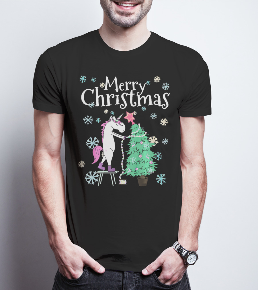 Merry Christmas Funny Unicorn Decorating Christmas Tree T-Shirt