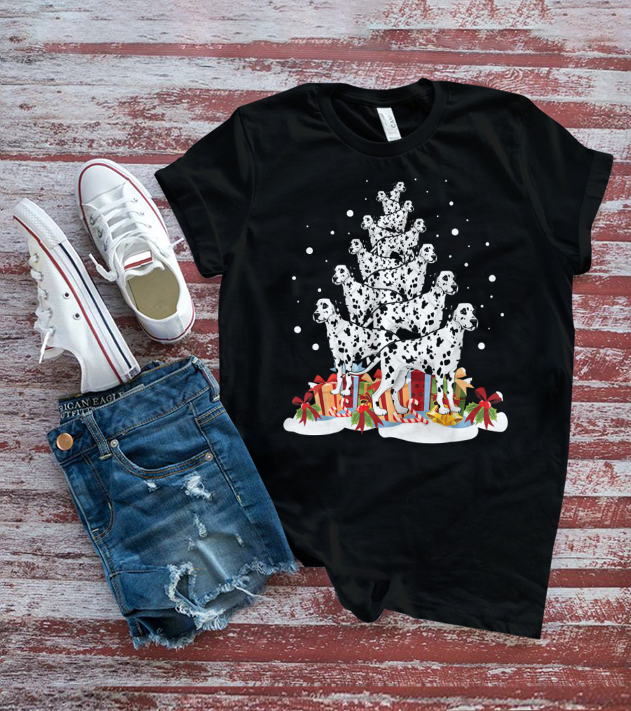 Dalmatian Merry Christmas Tree With Gifts And Snowflakes T-Shirt