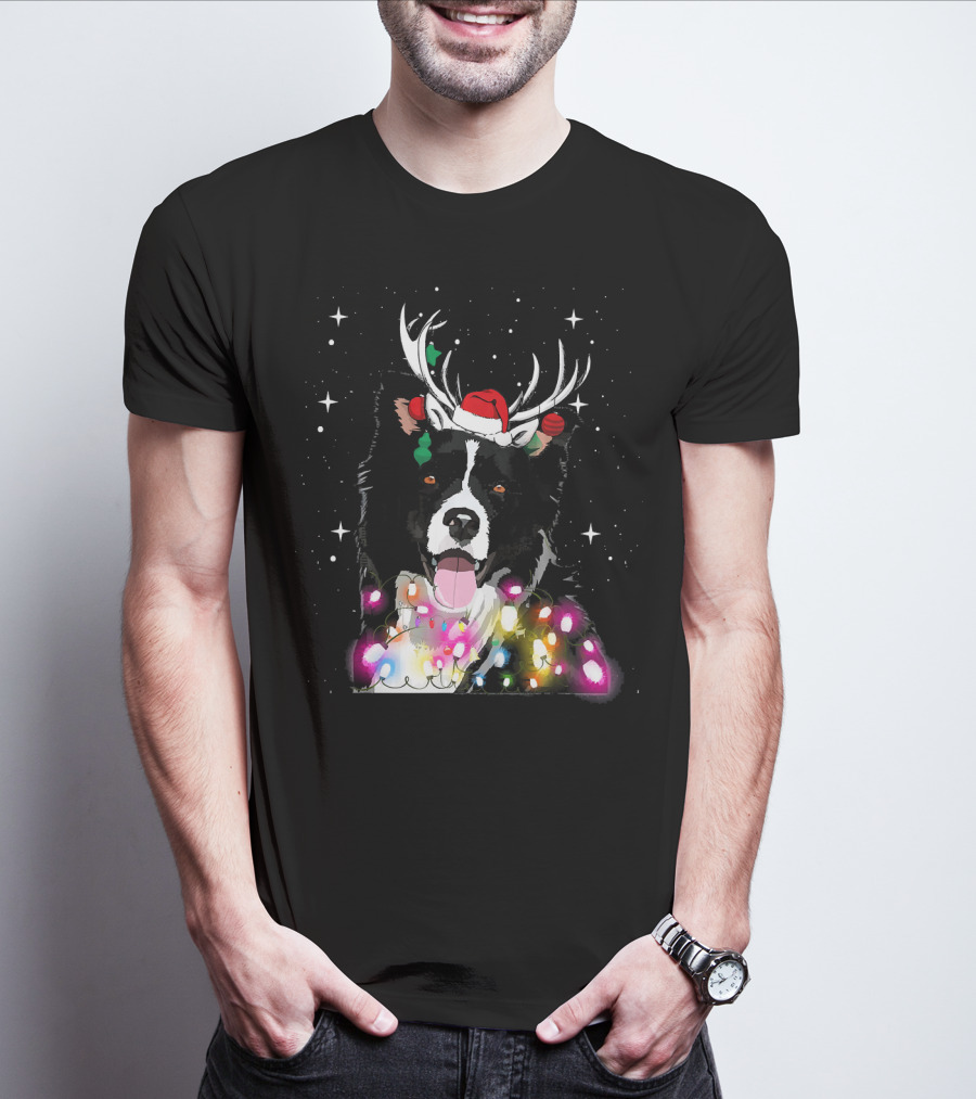 Border Collie In Santa Hat With Reindeer Antlers And Christmas Lights T-Shirt