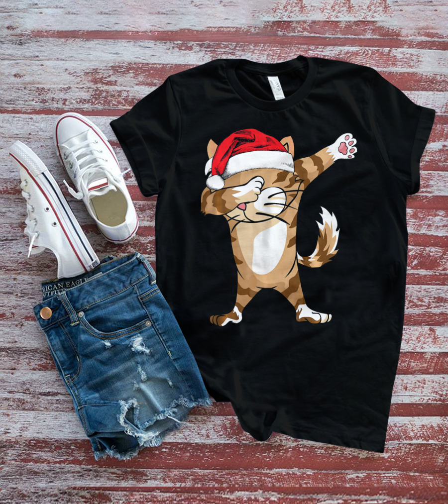 Santa Hat Dabbing Cat Christmas Holiday Fun T-Shirt