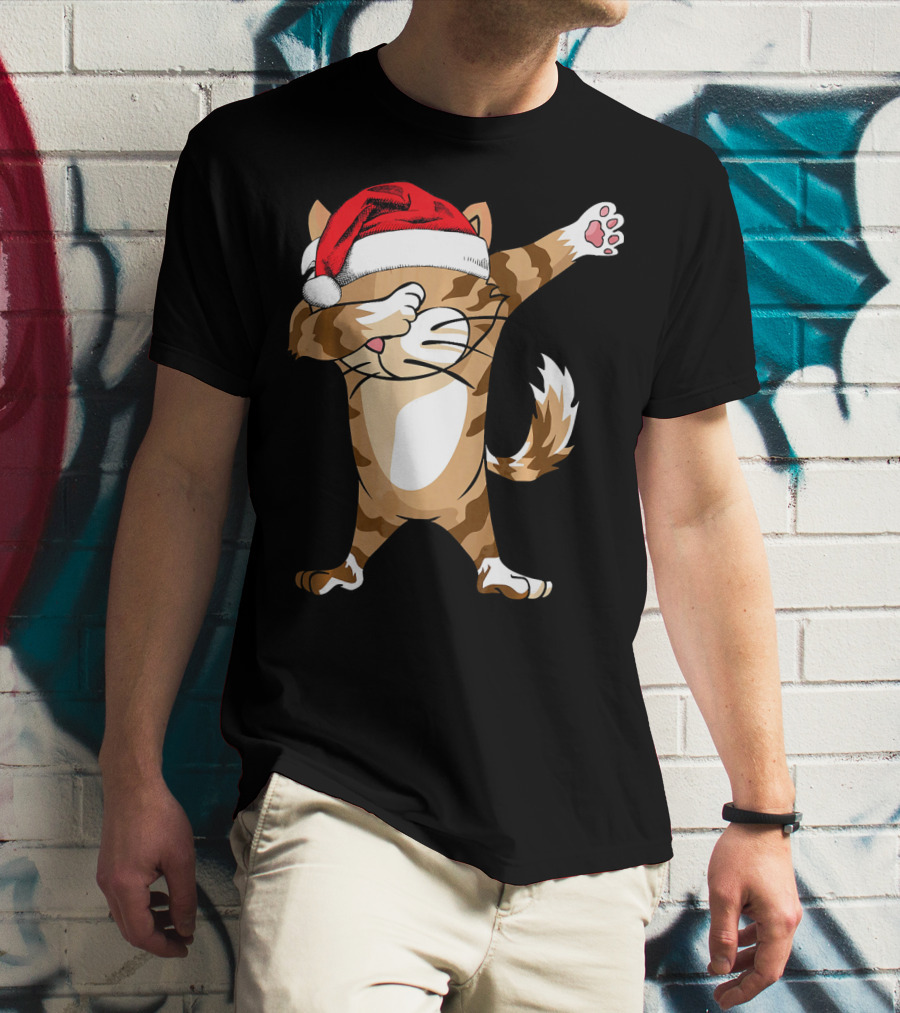 Santa Hat Dabbing Cat Christmas Holiday Fun T-Shirt